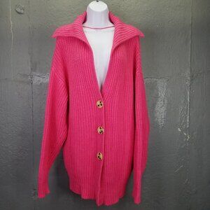 Free People Swim Too Deep Cardigan Sweater S Oversized Chunky Knit Fuchsia Flame